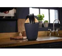 Abode Gastronomy Utensils & Knife Holder with Acacia Cutting Board - Grey Kitchen Crock for Knives, Utensils & Gadgets, Weighted Base, Dishwasher Safe