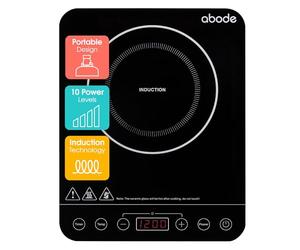 Abode Single Induction Hob Portable Digital Touch Control 2000W Double Electric Cooker, Plug In & Go 10 Heat Settings 3 Hour Timer Black with Child Safety Lock AINDH1002