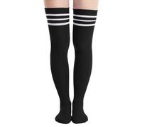 Abodhu Womens Thigh High Socks, Over Knee Socks for Women, Striped Knit Long Tall Stockings, Cosplay Casual Socks…, Black, White Stripes, One size