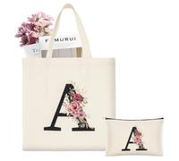 ABOHU Initial Canvas Tote Bag, Personalized Present Bag with Floral Makeup Bag, Premium Cotton Tote Bags for Wedding, Birthday, Beach, Holiday, Great Gift for Women, Mom, Teacher, Friends, Bridesmaids