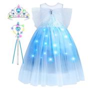 ABOHU Princess Costume for Girls, Light Up Princess Dress Up for Girls Age 3-8 Years, with Magic Wand & Crown, Blue Fancy Dress for Kids & Toddlers Halloween Costumes for Brithday Wedding Party