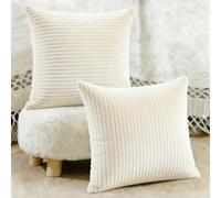 ABOHU Set of 2 Striped Corduroy Square Throw Pillow Case, Soft Corduroy Pillow Cover Sham Home, Decorative Pillowcases 45 x 45cm（18 x 18 Inches） for Home decor Sofa Couch Bedroom, Creamy White
