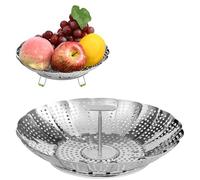 ABOHU Vegetable Steaming Basket, Stainless Steel Adjustable Folding Steamer Insert for Veggie Fish Seafood Cooking, with Extendable Handle and Non-Slip Legs (9'')