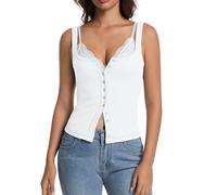 Abonlen Button Down Ribbed Tank Tops for Women Sleeveless Going Out Tops Lightweight Cotton T Shirts Sexy Y2K Slim Vest, White, S