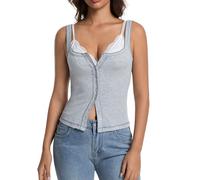 Abonlen Button Down Ribbed Tank Tops for Women Sleeveless Going Out Tops Lightweight Cotton T Shirts Sexy Y2K Slim Vest, Gray, XS