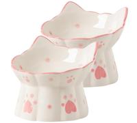 ABOOFAN 2pcs Ceramic Pet Feeder Raised Feeding Bowl Nonslip Smooth Surface round Cat Ear Design Elevated Cat Food Bowl for Daily Feeding at Home
