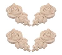 ABOOFAN 4pcs Beige Wood Applique Onlays for Furniture with Handcrafted Precision, Versatile Compatibility, Vintage Style Decorative Rose Flower Decals for Living Rooms and Studies