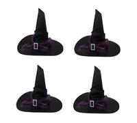 ABOOFAN 4pcs Purple Ruched Women Witch Hat with Star Moon Accents Lightweight Spider Web Wide Brim Pointed Headwear for Halloween Parties Cosplay Costume Accessory