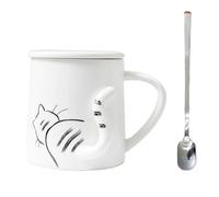 ABOOFAN Ceramic Cat Coffee Mug with Lid and Spoon 360ml for Home Office | Lovely Look, White Cat Pattern, Easy to Clean, for Friends at Home