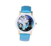 ABOOFAN Halloween Bat Ghost Quartz Watch Women Lake Blue Leather Strap Pumpkin Witch Castle Ladies Skeleton Watch