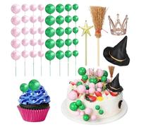 ABOOFAN Wicked Cake Topper Set - 44-Piece Witch Hat, Crown, Wand & Foam Balloons - Pink & Green Mini Decorations for Halloween, Birthday & Themed Party Cakes