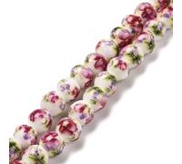 About 40Pcs Round Ceramic Beads, Hot Pink Flower Printed Loose Spacers Beads for Jewelry Making, Handmade Gift for Easter Mother's Day Wedding Birthday Anniversary, 8~8.5mm, Hole:2mm