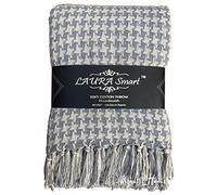 About Home Houndstooth Pattern Cotton throw/Settee cover with tassels, Silver/White, Double size (90"x100") for three seater sofa or king bed (HTCT90SLGR)