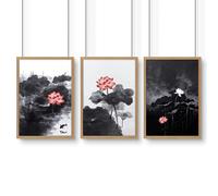 About Wall Art Calming Art | Set of 3 Asian Inspired Wall art Prints - 20 x 30 in / 50 x 76 cm - Matte museum Quality Art Paper 290 gsm - Oak Frame
