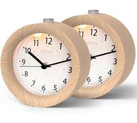 aboveClock Alarm Clock Analogue Without Ticking, Pack of 2, Wooden Alarm Clock with Snooze, Bedside Table Clock with Night Light, Not Included, Natural Wood in Light Brown