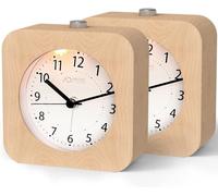 aboveClock Alarm Clock Analogue Without Ticking, Pack of 2, Wooden Alarm Clock with Snooze, Bedside Table Clock with Night Light, Not Included, Natural Wood in Light Brown