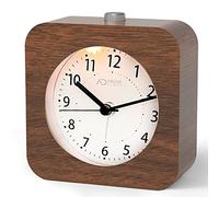 aboveClock Analogue Alarm Clock, Battery Powered, Silent, Brown | Wooden, Square, no ticking, 5-minute snooze, small, night light, ascending alarm, 1 AA battery required, for bdeside bedroom