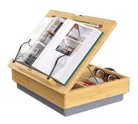 AboveTEK Book Stand for Reading with Storage, Adjustable Bamboo Book Holder with Soft Lap Cushion, Cookbook Stand, Hands-Free Book Reading Stand for Bed, Desktop & Kitchen Counter
