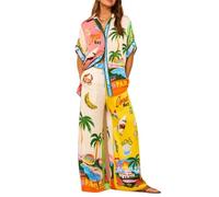 ABPWO Floral two piece sets for women, Casual Floral Fruit Print Short Sleeve Shirt Wide Leg Pants Holiday Hawaii Summer Beach Outfits(Size:Small)