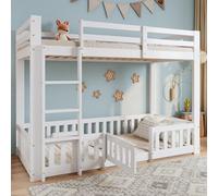 Abrihome 3Ft Bunk Bed With Fences And Door, Children's Bed With Fall Protection And Railings, Solid Wood, White