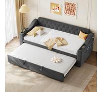 Abrihome 3Ft Grey Linen Upholstered Daybed With Charging Station & Trundle - 90X190Cm Single Sofa Bed With Armrest Storage For Living Room