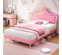 Abrihome 3Ft Pink Pu Leather Upholstered Bed With Led Adjustable Crown Headboard - Single Bed Frame With Wood Slats, No Box Spring