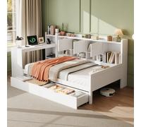 Abrihome 3Ft Single Daybed With Storage Drawers And Bookcase, Modern Bed Frame With Charging Station For Living Room, White(No Mattress)
