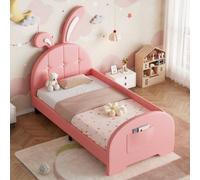 Abrihome 3Ft Single Kids' Rabbit-Shaped Bed Frame, Pink Pu Leather With Headboard & Storage Pockets, Sturdy Metal-Wood Frame, No Mattress