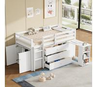 Abrihome 3Ft Single Modern Wood Bed With Pull-Out Desk, Wooden Children's Cabin Bed With 3 Drawers, Storage Cabinet & Shelves, White