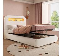 Abrihome 3Ft Single Upholstered Bed 90X190 Cm - Hydraulic Storage, Led Lighting, Headboard, Solid Wood Legs, White