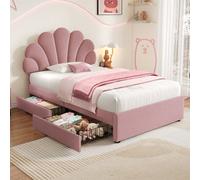 Abrihome 3Ft Single Upholstered Bed Frame With Adjustable Petal Headboard, Luxe Velvet Storage Bed, 2 Drawers & Solid Wood Slats, Pink