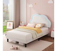 Abrihome 3Ft Single Upholstered Bed With Led Adjustable Cute Cloud Headboard, Soft Velvet Bed Frame With Solid Wood Slat, Cream White
