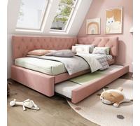 Abrihome 3Ft Single Velvet Upholstered Daybed 90X190Cm With Pull Out Trundle And Slatted Frame, Sofa Bed For Adults, Pink