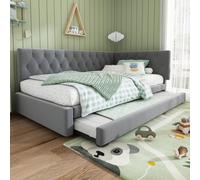 Abrihome 3Ft Single Velvet Upholstered Daybed 90X190Cm With Pull Out Trundle And Slatted Frame, Sofa Bed For Adults, Grey