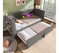 Abrihome 3Ft Upholstered Daybed With Trundle, Usb/type-C Charging & Cup Holders, Grey Linen, 90X190Cm