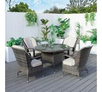 Abrihome 4-Seater Aluminum Wicker Round Dining Table Set, With 5mm Tempered Glass Top & Umbrella Hole D120H72Cm,brown