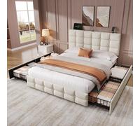 Abrihome 4Ft6 Double Upholstered Bed With 4 Storage Drawers, Bed Frame With Charging Station Adjustable Button Tufted Headboard Beige