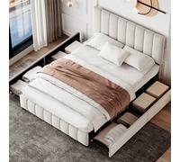 Abrihome 4Ft6 Double Upholstered Bed With 4 Storage Drawers, With Adjustable Channel Tufted Headboard, Metal-Wood Support, Beige