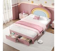 Abrihome 4Ft6 Double Upholstered Bed With Adjustable Rainbow Headboard, Soft Velvet Bed Frame With Storage Drawer, Pink (No Mattress)