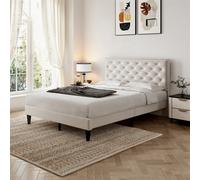 Abrihome 4Ft6 Double Upholstered Velvet Bed Frame, With Adjustable Button-Tufted & Riveted Headboard, Beige