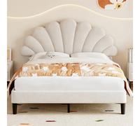 Abrihome 4Ft6 Double Upholstered Velvet Bed Frame With Adjustable Chic Petal Headboard, Solid Wood Slat, No Box Spring Needed, Beige