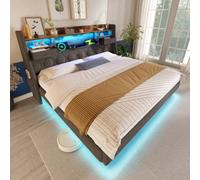Abrihome 6Ft Floating Bed 180X200 Cm - Led Lighting, Usb & Type-C Charging, Storage Headboard, Linen Grey Upholstered (No Mattress)