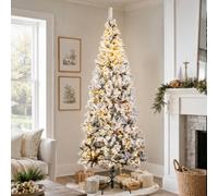 Abrihome 7Ft Pre-Lit Snow Flocked Artificial Christmas Tree With Warm White Led Lights, Hinged Design For Indoor Christmas Décor