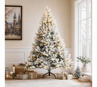 Abrihome 8Ft Pre-Lit Snow Flocked Artificial Christmas Tree With Realistic Pe & Pvc Branches, Hinged Design & Metal Stand