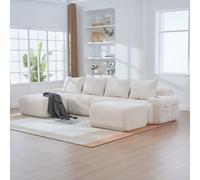 Abrihome Beige 4-Seater Modular Cord Sofa With 2 Ottomans, Cup Holders & Side Storage Pockets