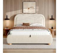 Abrihome Beige Bouclé 4Ft6 Ottoman Bed With Hydraulic Storage, Curved Headboard & Reinforced Slatted Base