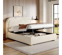 Abrihome Beige Bouclé 5Ft King Ottoman Bed With Hydraulic Storage, Curved Headboard & Reinforced Slatted Base