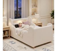 Abrihome Beige Bouclé Toddler Single Bed With Led Headboard Light & Safety Rails, 90X190Cm