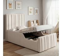 Abrihome Beige Linen Single Hydraulic Bed With Large Storage & Upholstered Headboard, 90X190Cm