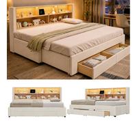 Abrihome Beige Velvet 3Ft Extendable Sofa Bed With Led Headboard, Usb Charging & 2 Drawers, Extends To 180Cm